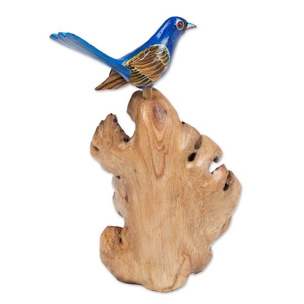 Alternate image for Natural Benalu and Jempinis Wood Blue Bird Sculpture Celestial Bird