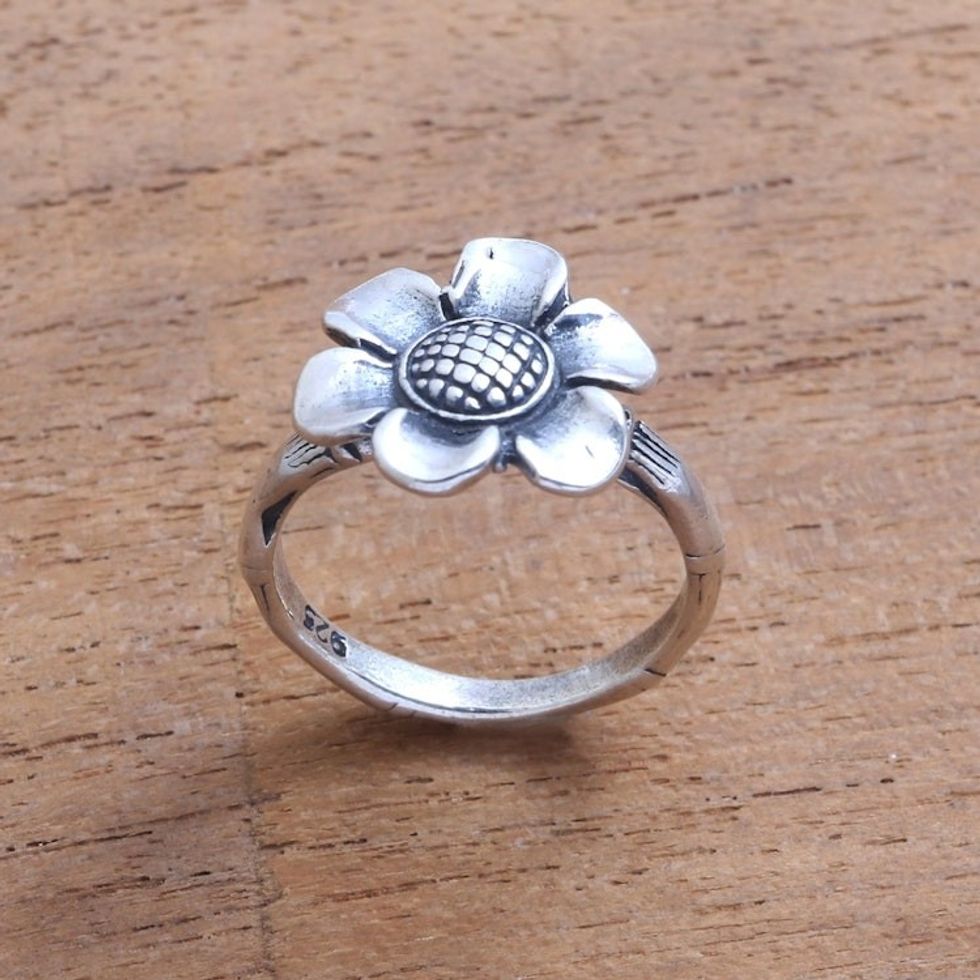 Lotus Flower Sterling Silver Cocktail Ring from Bali 'Singular Lotus'