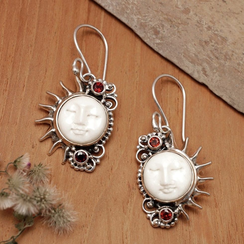 Hand-Carved Sun-Themed Silver Garnet Dangle Earrings 'Morning Sunrise'