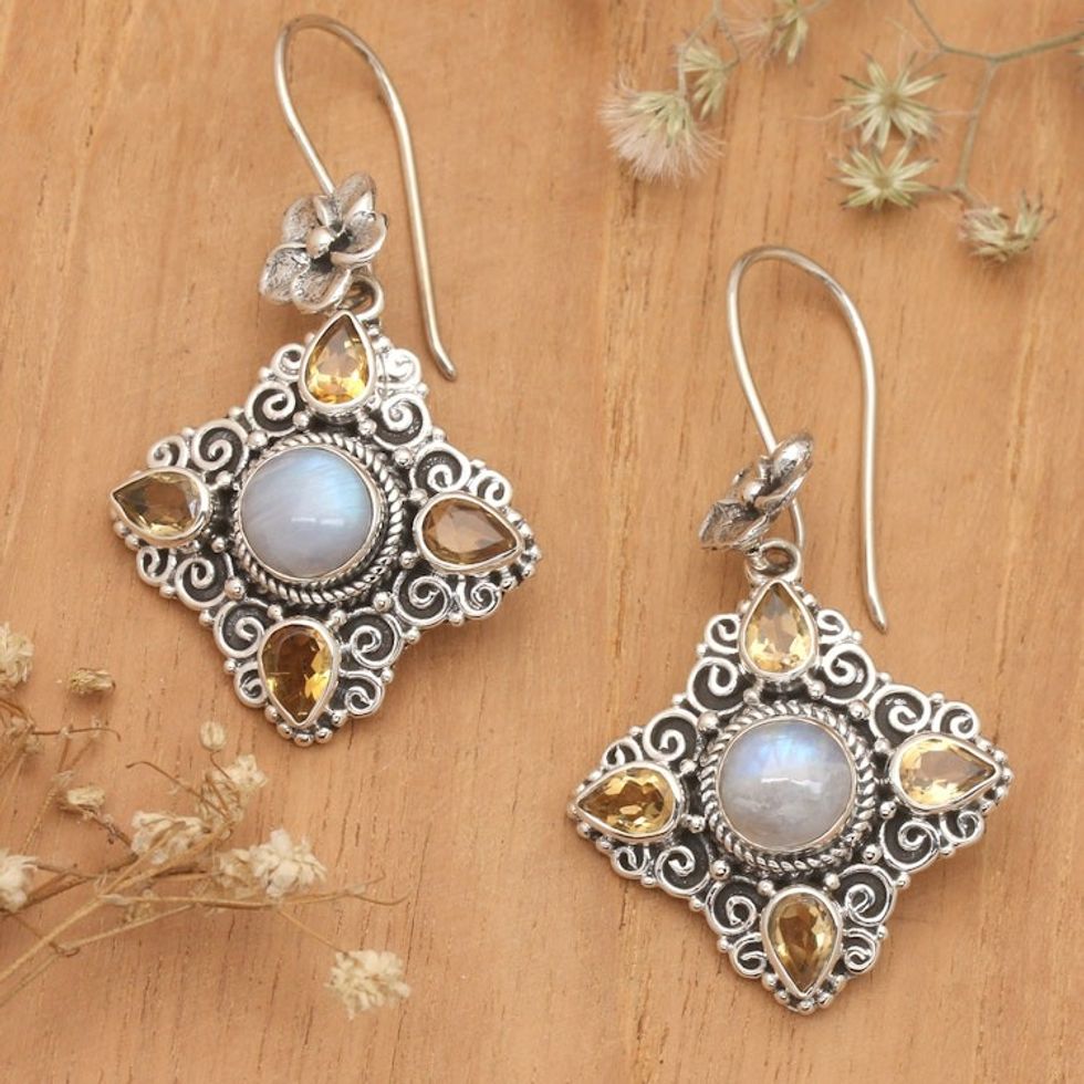 Traditional Rainbow Moonstone and Citrine Dangle Earrings 'Joyous Girl'