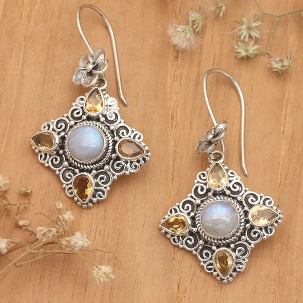 Alternate image for Traditional Rainbow Moonstone and Citrine Dangle Earrings Joyous Girl