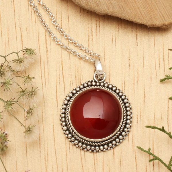 Alternate image for Polished and Oxidized Carnelian Cabochon Pendant Necklace Fiery Cycle