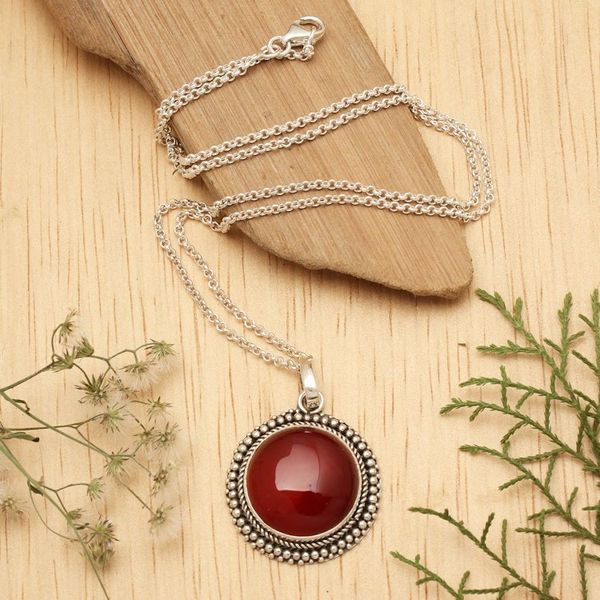 Alternate image for Polished and Oxidized Carnelian Cabochon Pendant Necklace Fiery Cycle