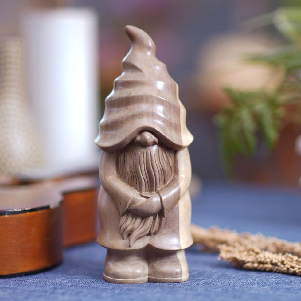 Hand Crafted Hibiscus Wood Gnome Statuette 'Sleepy Gnome'