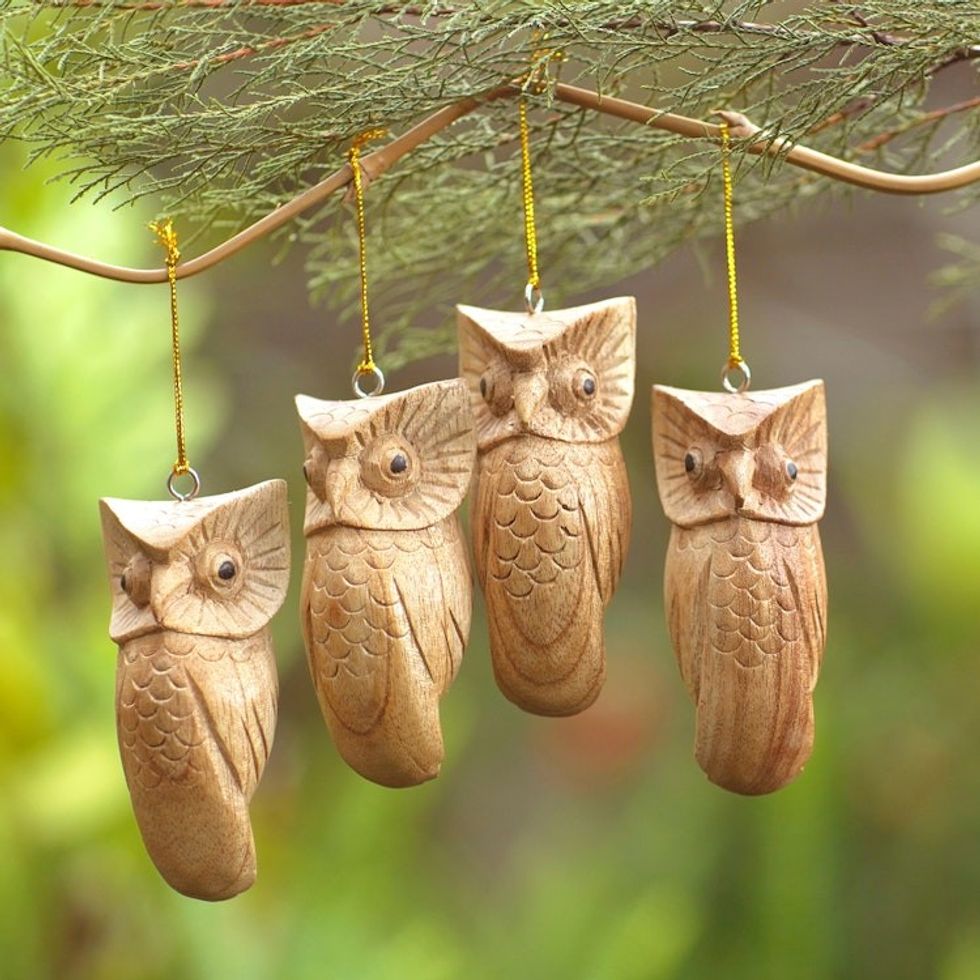 Set of 4 Hand-Carved Jempinis Wood Owl Ornaments from Bali 'Winged Sages'