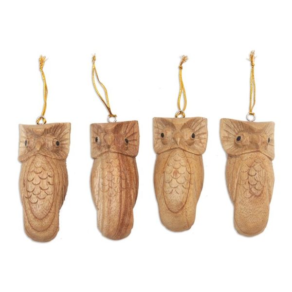 Alternate image for Set of 4 Hand-Carved Jempinis Wood Owl Ornaments from Bali Winged Sages