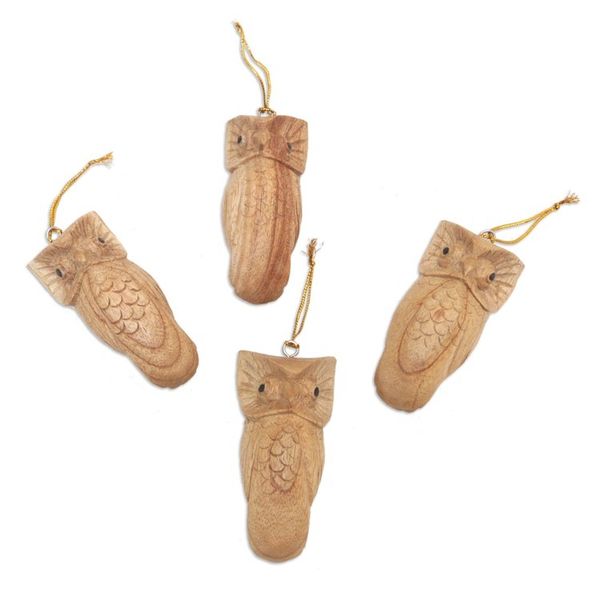 Alternate image for Set of 4 Hand-Carved Jempinis Wood Owl Ornaments from Bali Winged Sages