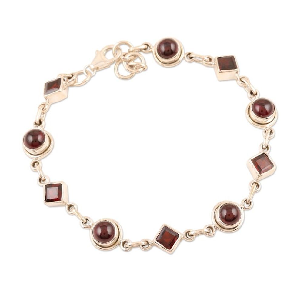 Cabochon and Faceted Natural Garnet Link Bracelet 'Geometry in Red'
