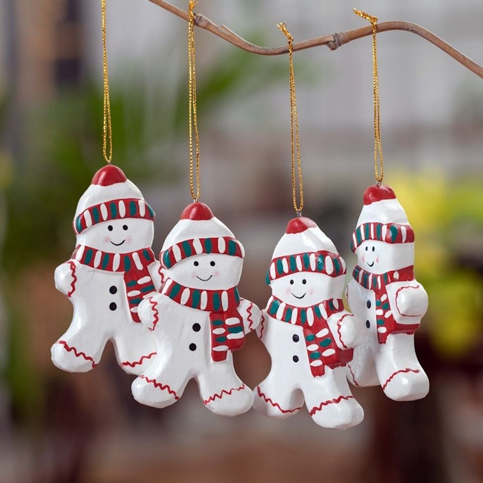 Set of Four Classic Snowman-Themed Albesia Wood Ornaments 'Little Snowmen'
