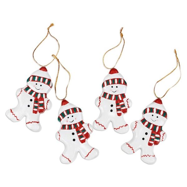 Alternate image for Set of Four Classic Snowman-Themed Albesia Wood Ornaments Little Snowmen