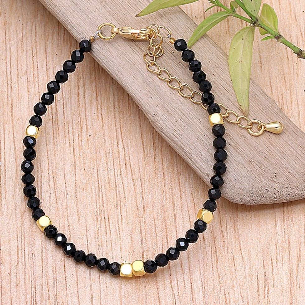 18k Gold-Accented Onyx Beaded Bracelet from Bali 'Gold in the Dark'