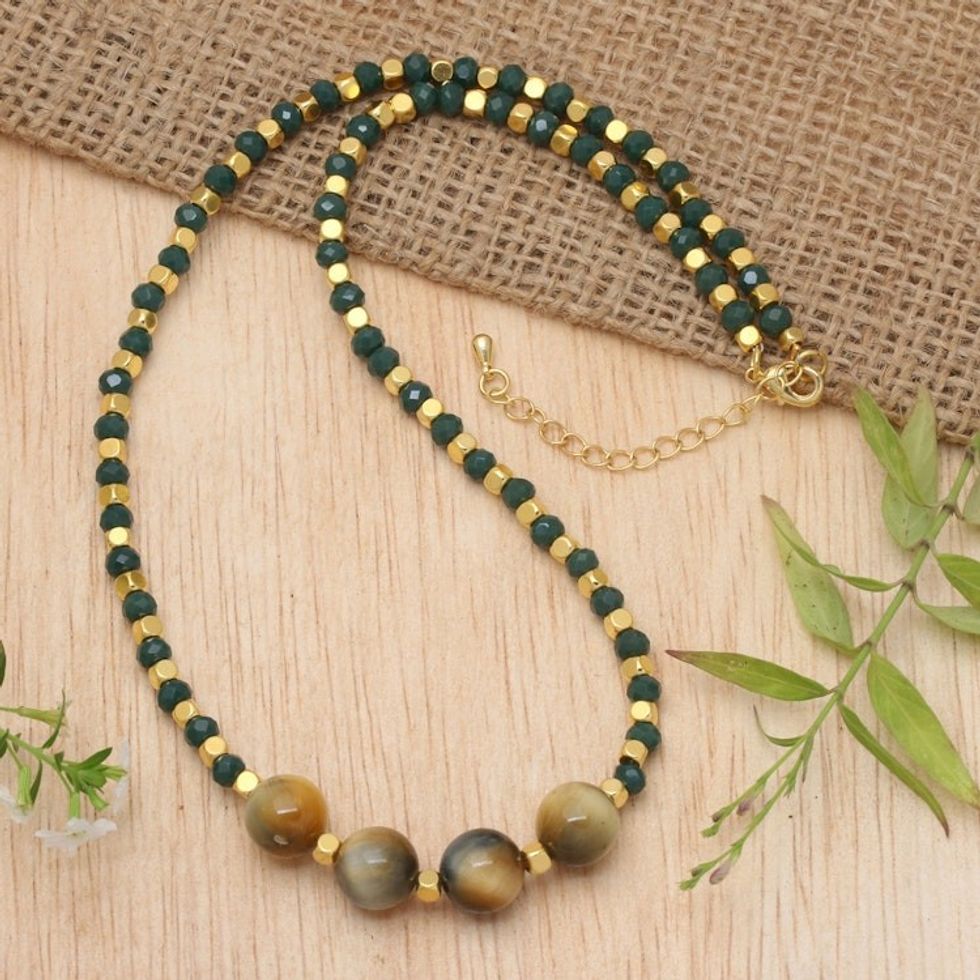 18k Gold-Plated Green Agate and Tiger's Eye Beaded Necklace 'Queen's Green'