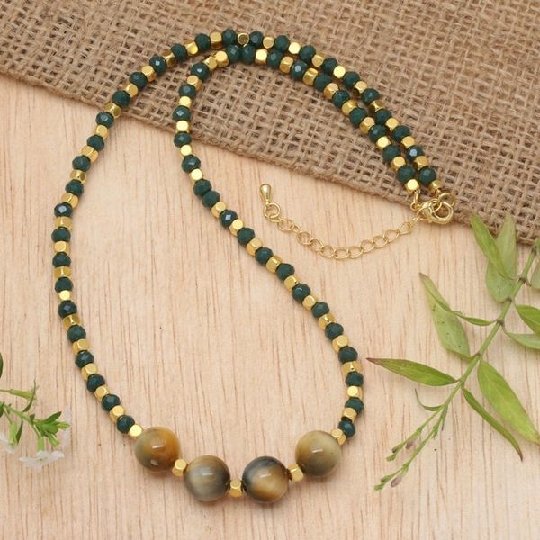 Alternate image for 18k Gold-Plated Green Agate and Tigers Eye Beaded Necklace Queens Green