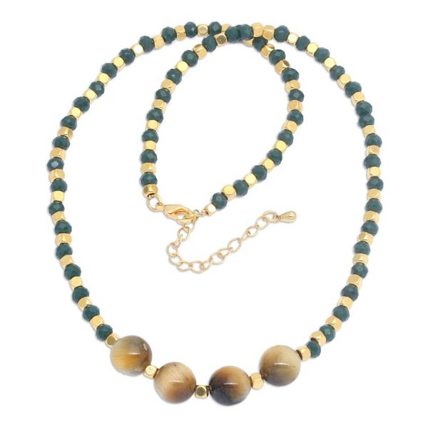 Alternate image for 18k Gold-Plated Green Agate and Tigers Eye Beaded Necklace Queens Green