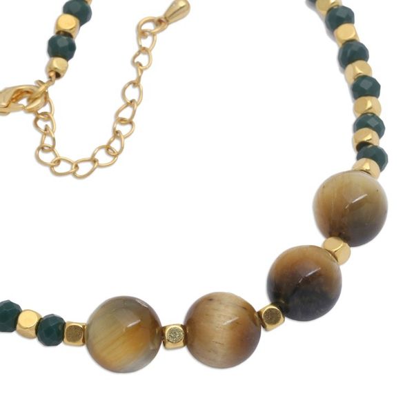 Alternate image for 18k Gold-Plated Green Agate and Tigers Eye Beaded Necklace Queens Green