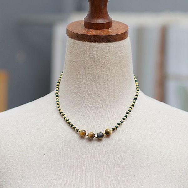 Alternate image for 18k Gold-Plated Green Agate and Tigers Eye Beaded Necklace Queens Green