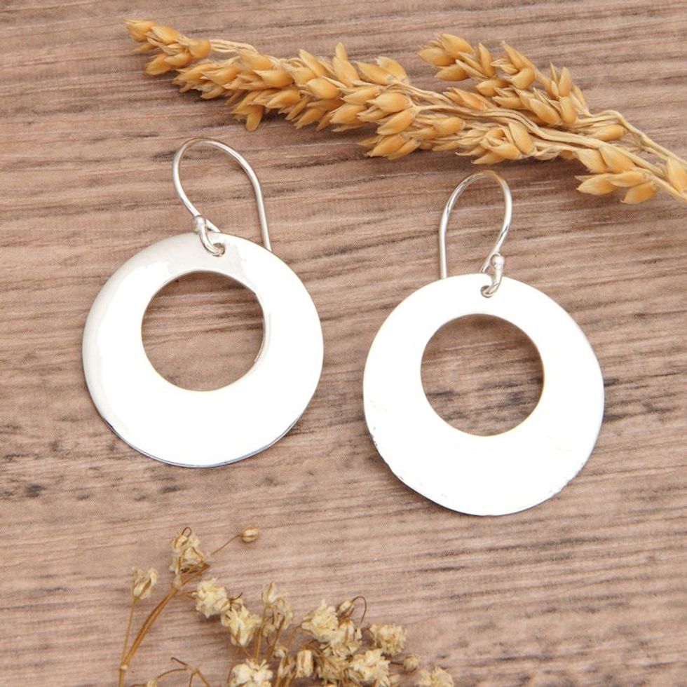 Round Sterling Silver Dangle Earrings with Polished Finish 'Mirror of Moon'
