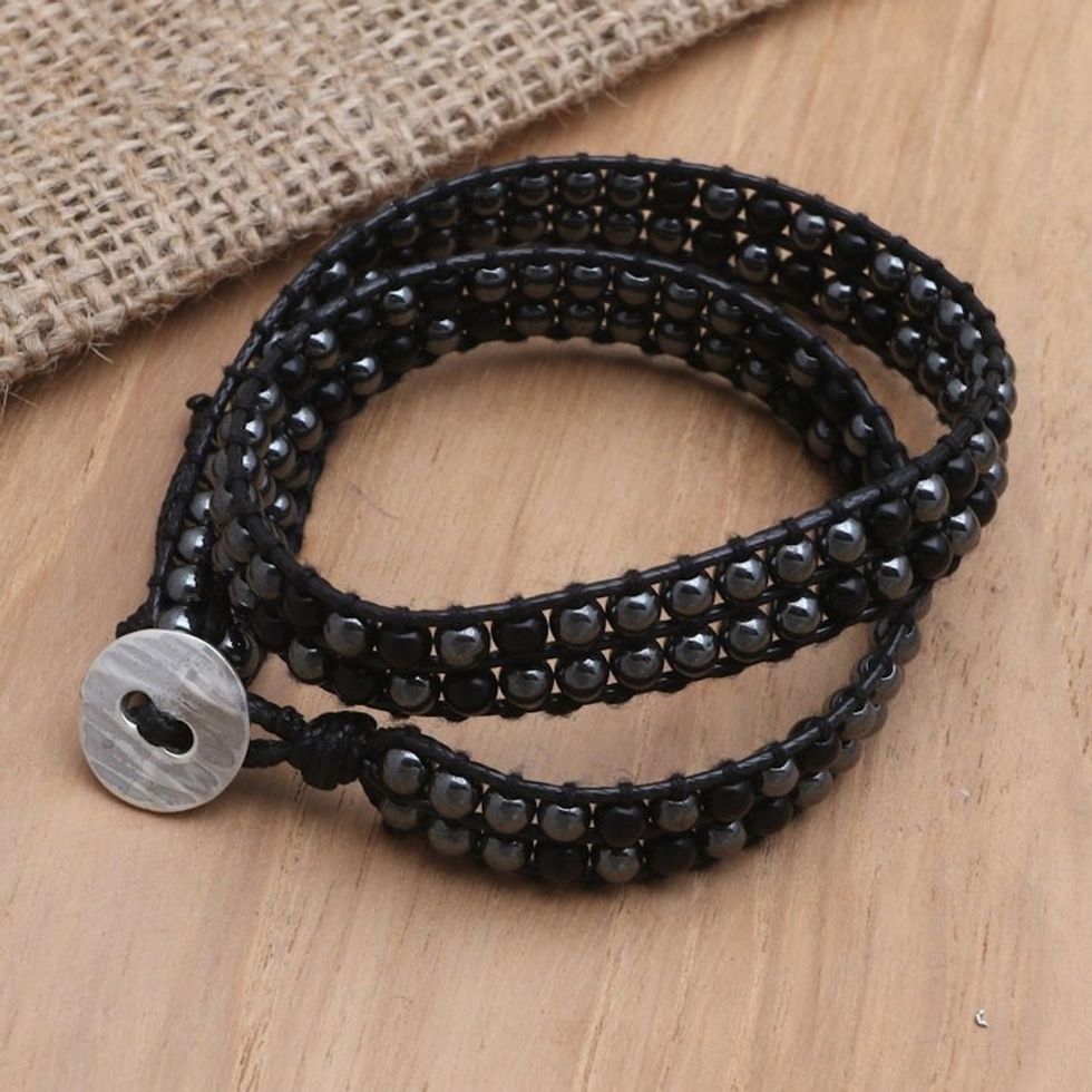 Handcrafted Onyx and Hematite Wrap Bracelet 'Dark Hour'