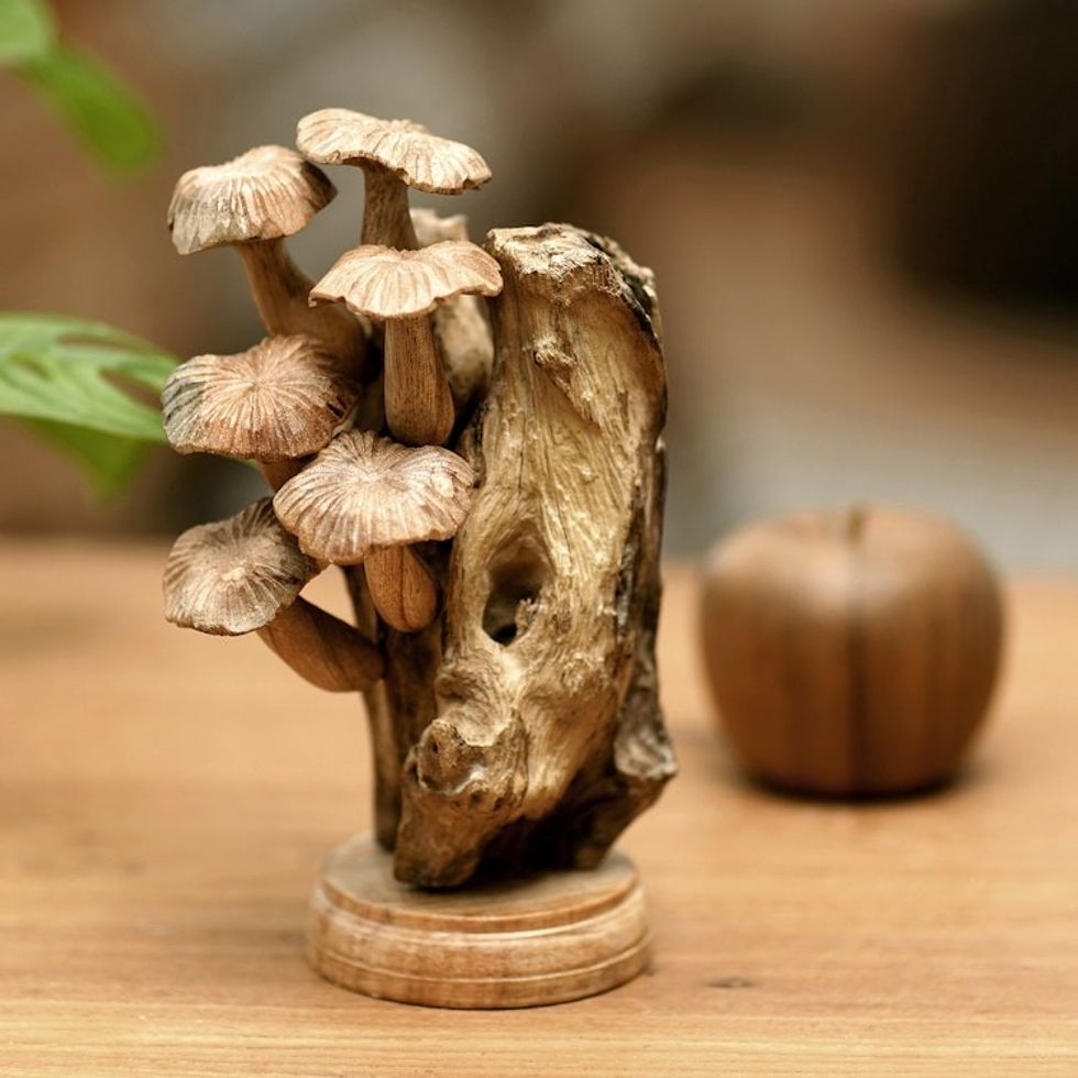 Handmade Jempinis Wood Sculpture with Benalu Wood Accents 'Mushroom Path'