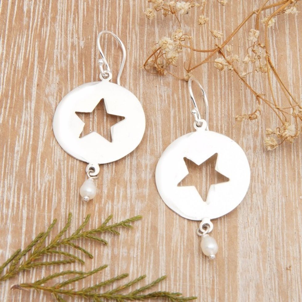 Sterling Silver Star Dangle Earrings with Grey Pearls 'Heavenly Star'