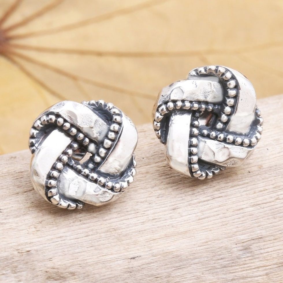 Hand Made Sterling Silver Stud Earrings from Bali 'Woven Pandanus'
