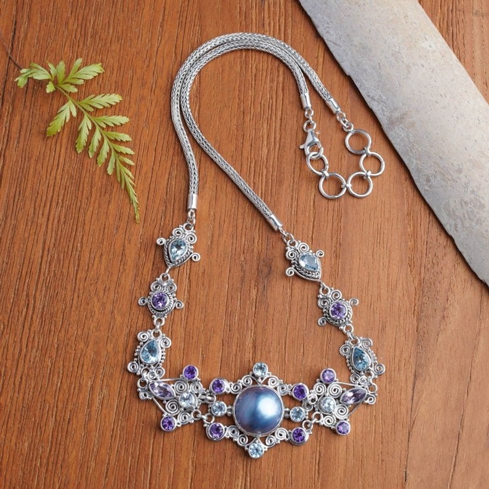 Blue Topaz and Cultured Pearl Pendant Necklace 'My Starry Love'