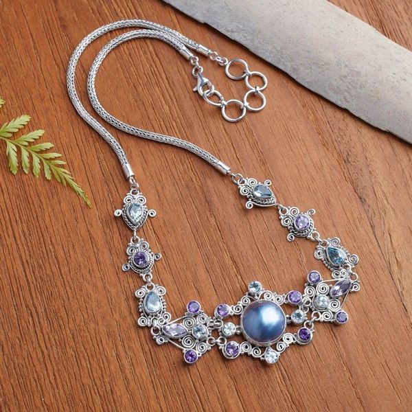 Alternate image for Blue Topaz and Cultured Pearl Pendant Necklace My Starry Love