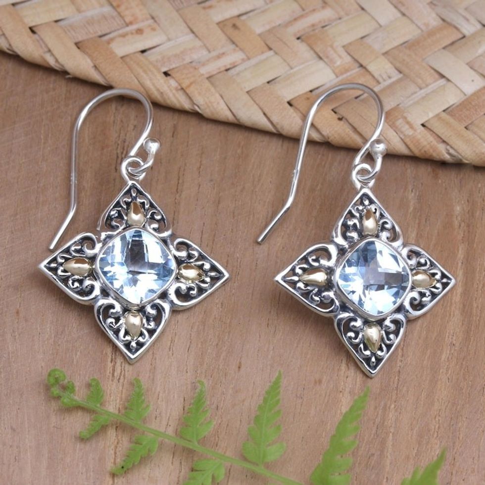 Gold-Accented Blue Topaz Dangle Earrings from Bali 'Palace Flowers'