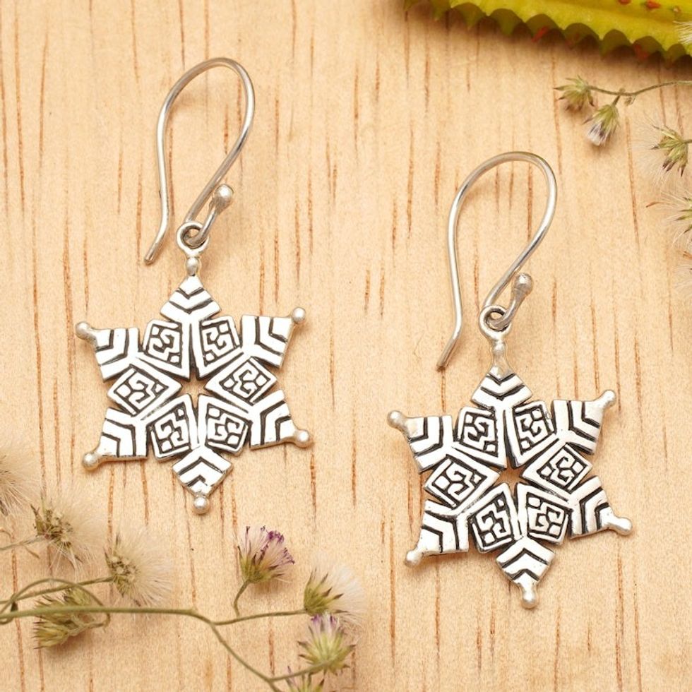 Balinese Snowflake-Shaped Sterling Silver Dangle Earrings 'Snow in Bali'