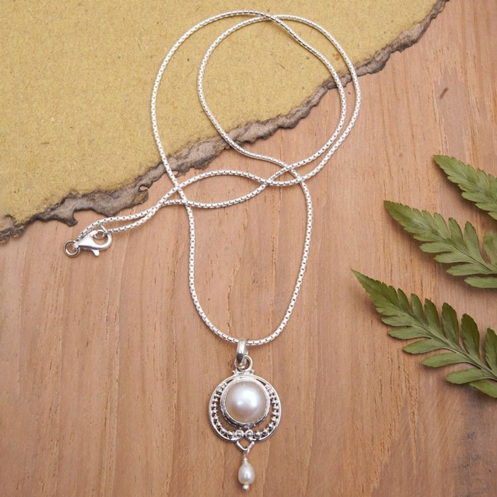 Classic Sterling Silver Pendant Necklace with Pearls 'Virtuous Ocean'