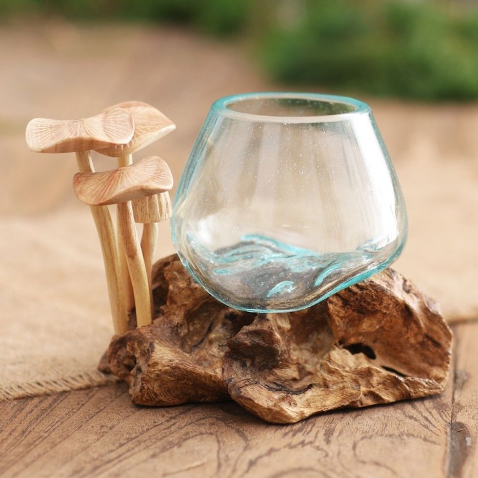 Glass and Jempinis Wood Mushroom Sculpture 'Spring Mushrooms'