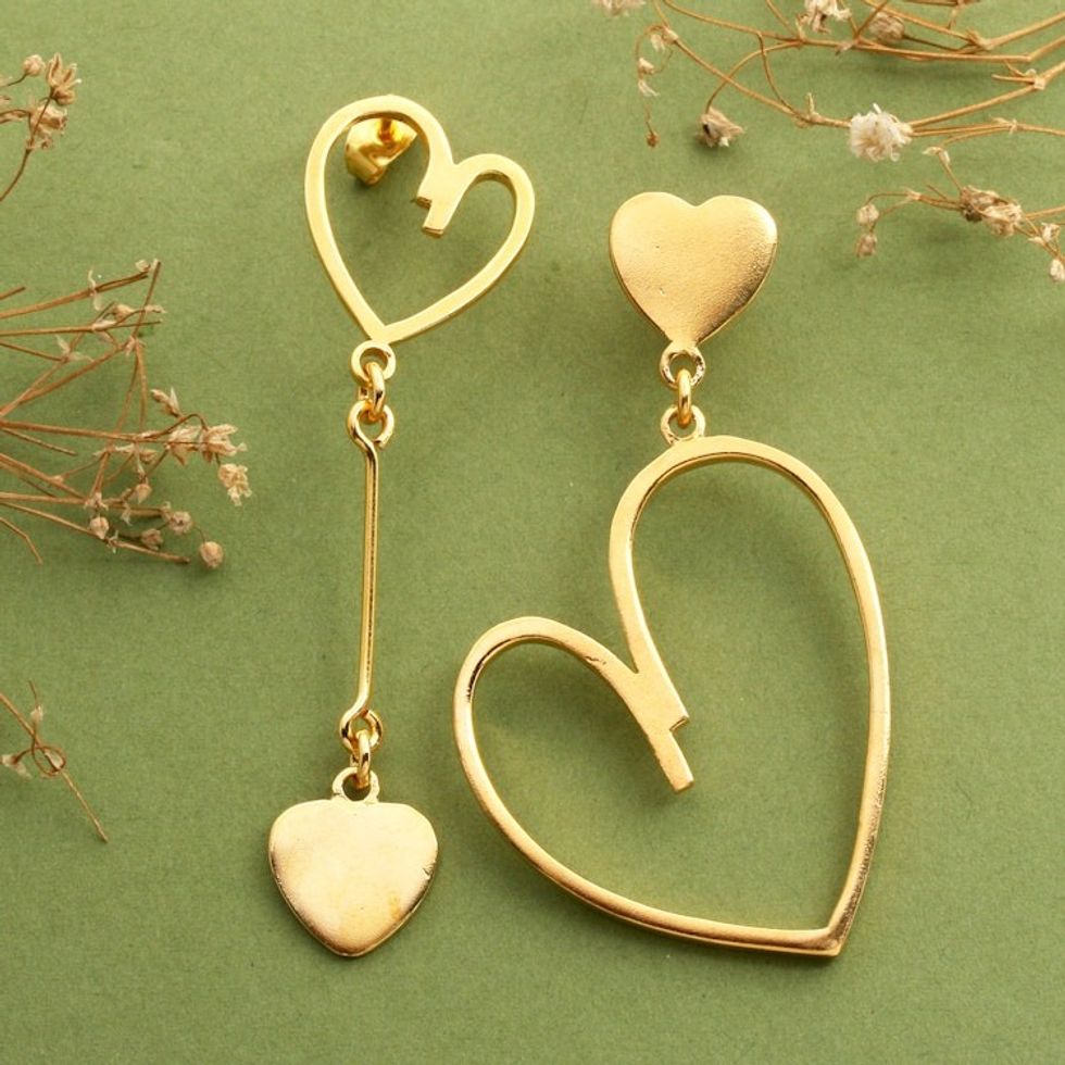 Polished 18k Gold-Plated Heart-Themed Dangle Earrings 'Golden Heartbeat'