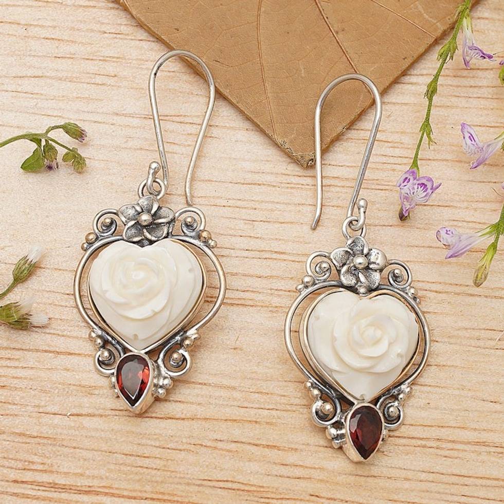 Floral Heart-Shaped Natural Garnet Dangle Earrings from Bali 'Valentine Sensations'