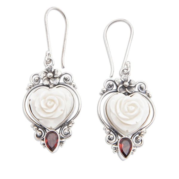 Alternate image for Floral Heart-Shaped Natural Garnet Dangle Earrings from Bali Valentine Sensations