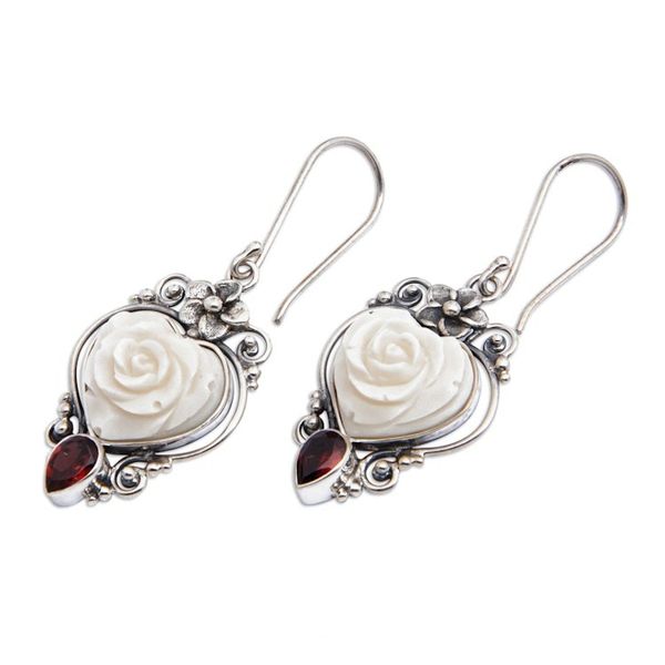Alternate image for Floral Heart-Shaped Natural Garnet Dangle Earrings from Bali Valentine Sensations