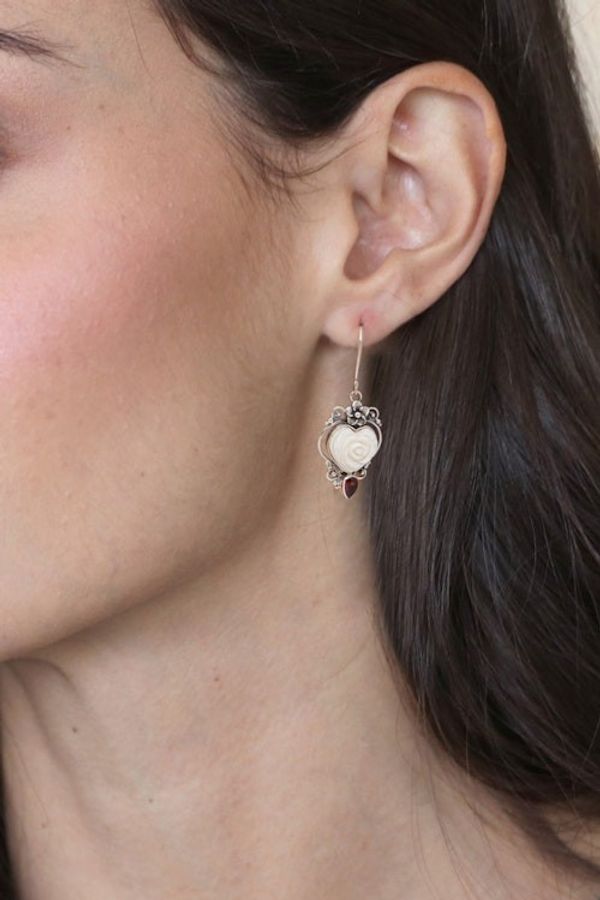 Alternate image for Floral Heart-Shaped Natural Garnet Dangle Earrings from Bali Valentine Sensations