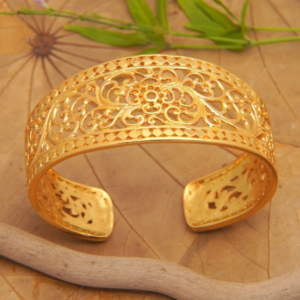 Vine-Themed 22k Gold-Plated Filigree Cuff Bracelet 'Pure Grandeur'
