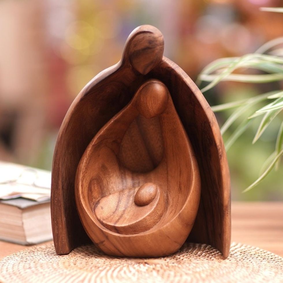 Hand-Carved Suar Wood Family Sculpture from Bali 'Family Hug'