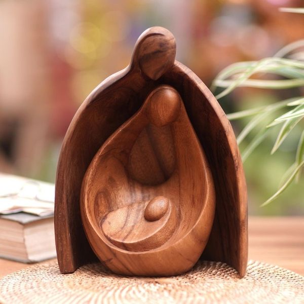 Alternate image for Hand-Carved Suar Wood Family Sculpture from Bali Family Hug