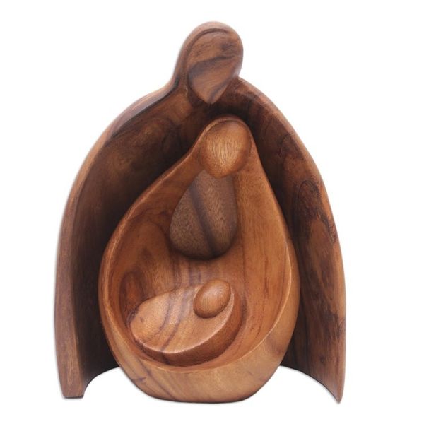 Alternate image for Hand-Carved Suar Wood Family Sculpture from Bali Family Hug
