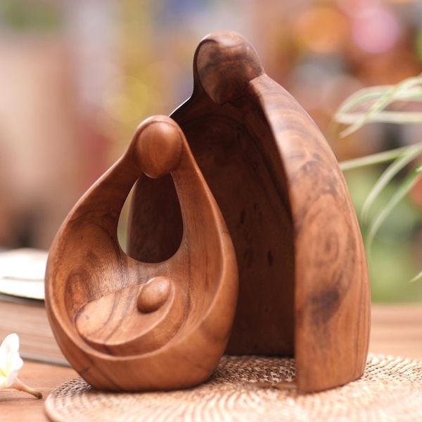 Alternate image for Hand-Carved Suar Wood Family Sculpture from Bali Family Hug