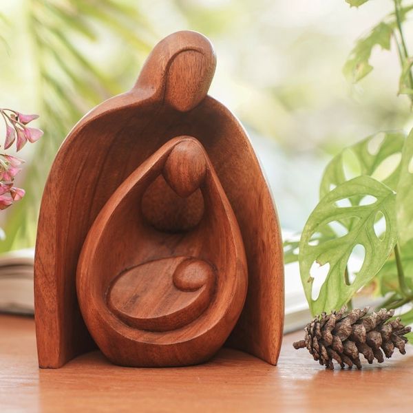 Alternate image for Hand-Carved Suar Wood Family Sculpture from Bali Family Hug