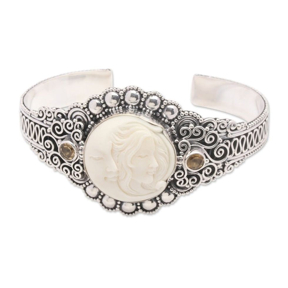 Sterling Silver Citrine Woman and Moon Cuff Bracelet 'Lovely Moon'