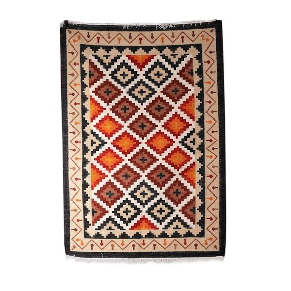 Alternate image for Handloomed Diamond-Patterned Alabaster and Black Wool Rug Paradise Enchantment