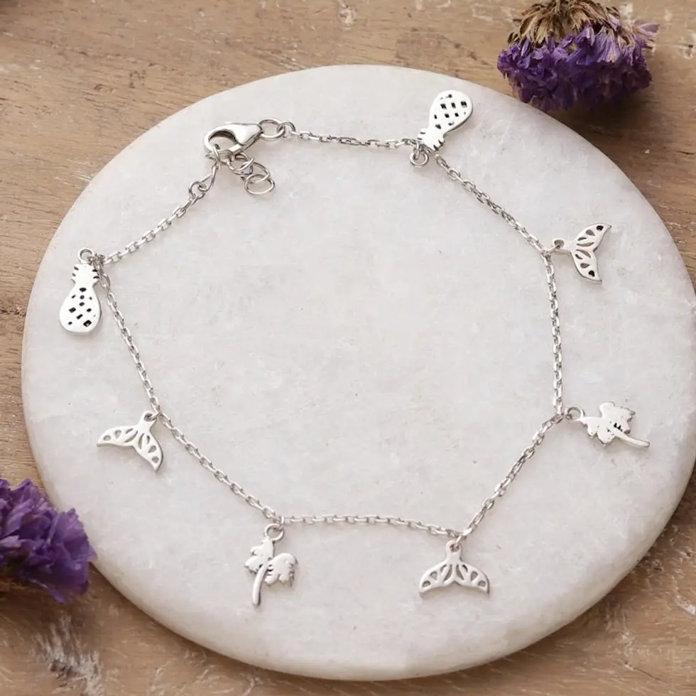 Silver Bracelet with Whale Tail Pineapple Palm Tree Charms 'Tropical Flair'
