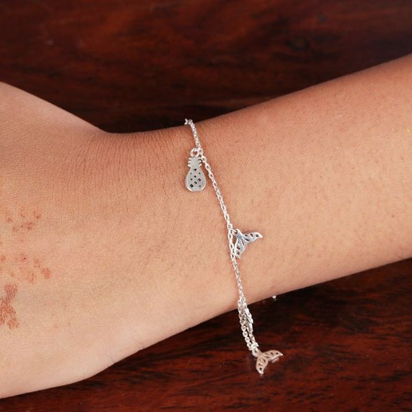 Alternate image for Silver Bracelet with Whale Tail Pineapple Palm Tree Charms Tropical Flair
