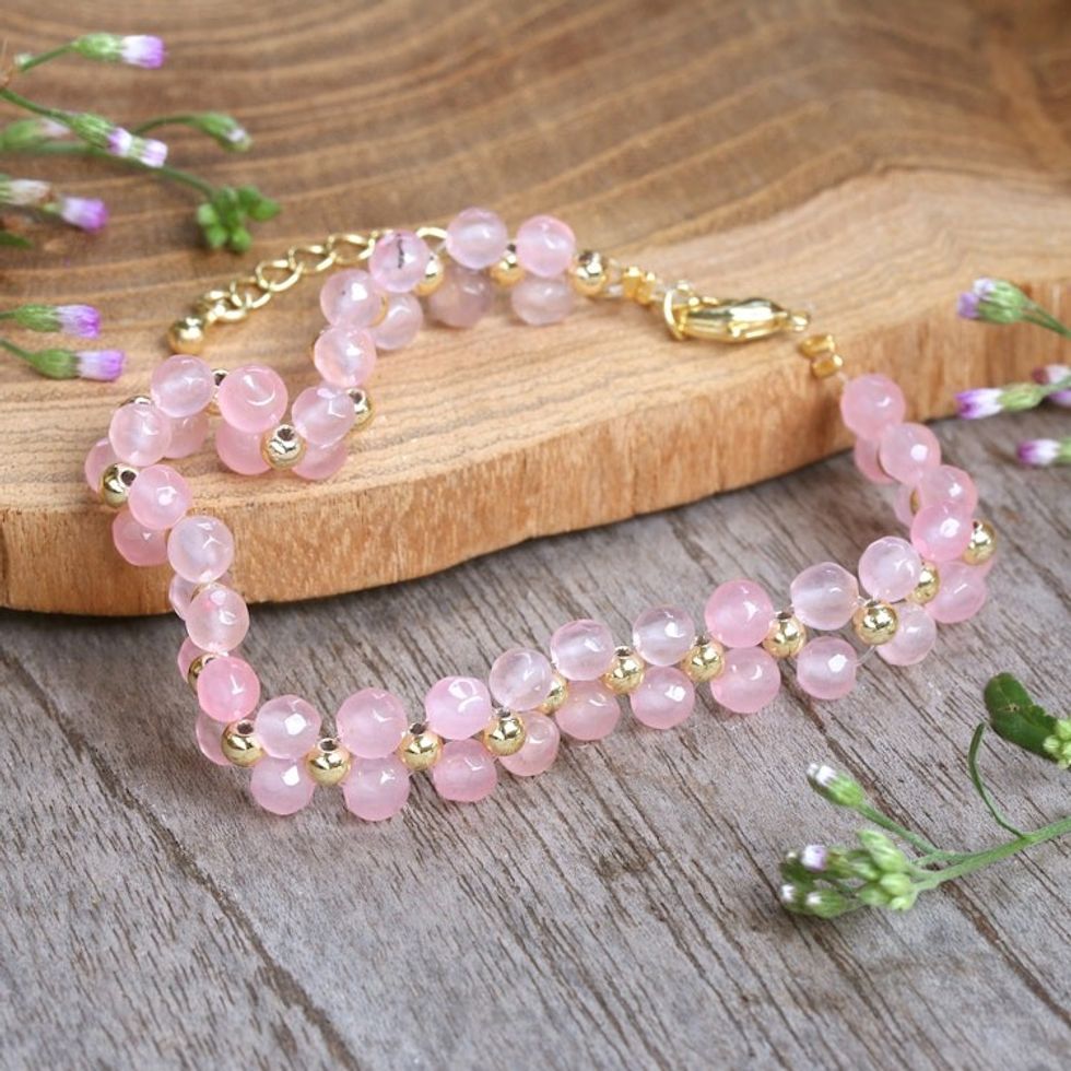 Adjustable 18k Gold-Accented Rose Quartz Beaded Bracelet 'Loving Splendor'