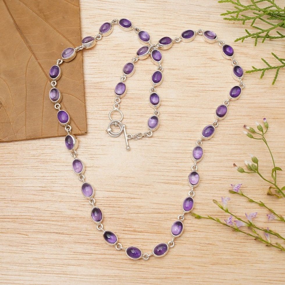 High-Polished Amethyst and Sterling Silver Link Necklace 'Purple Vibes'