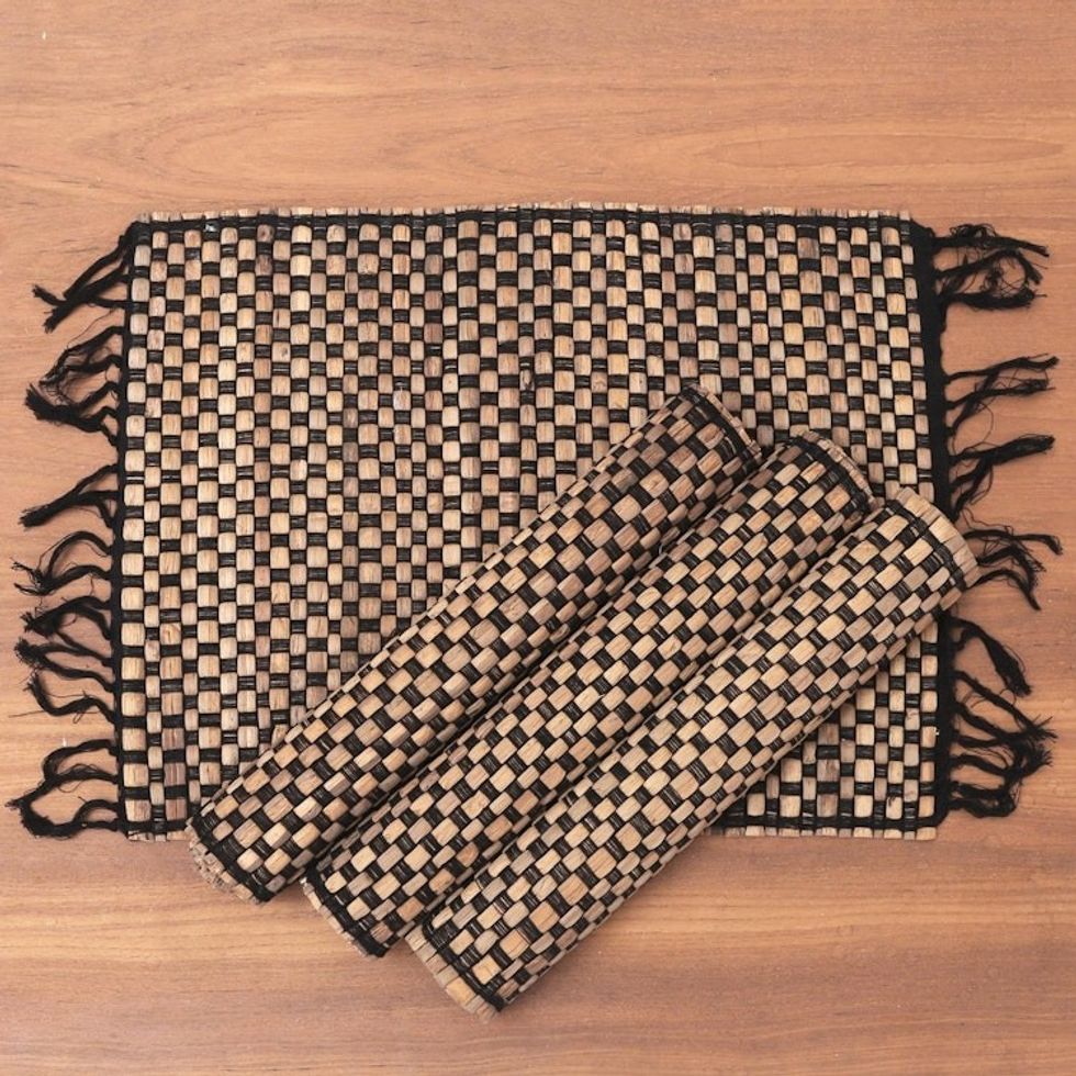 Woven Natural Fiber and Cotton Placemats Set of 4 'Chess Set'