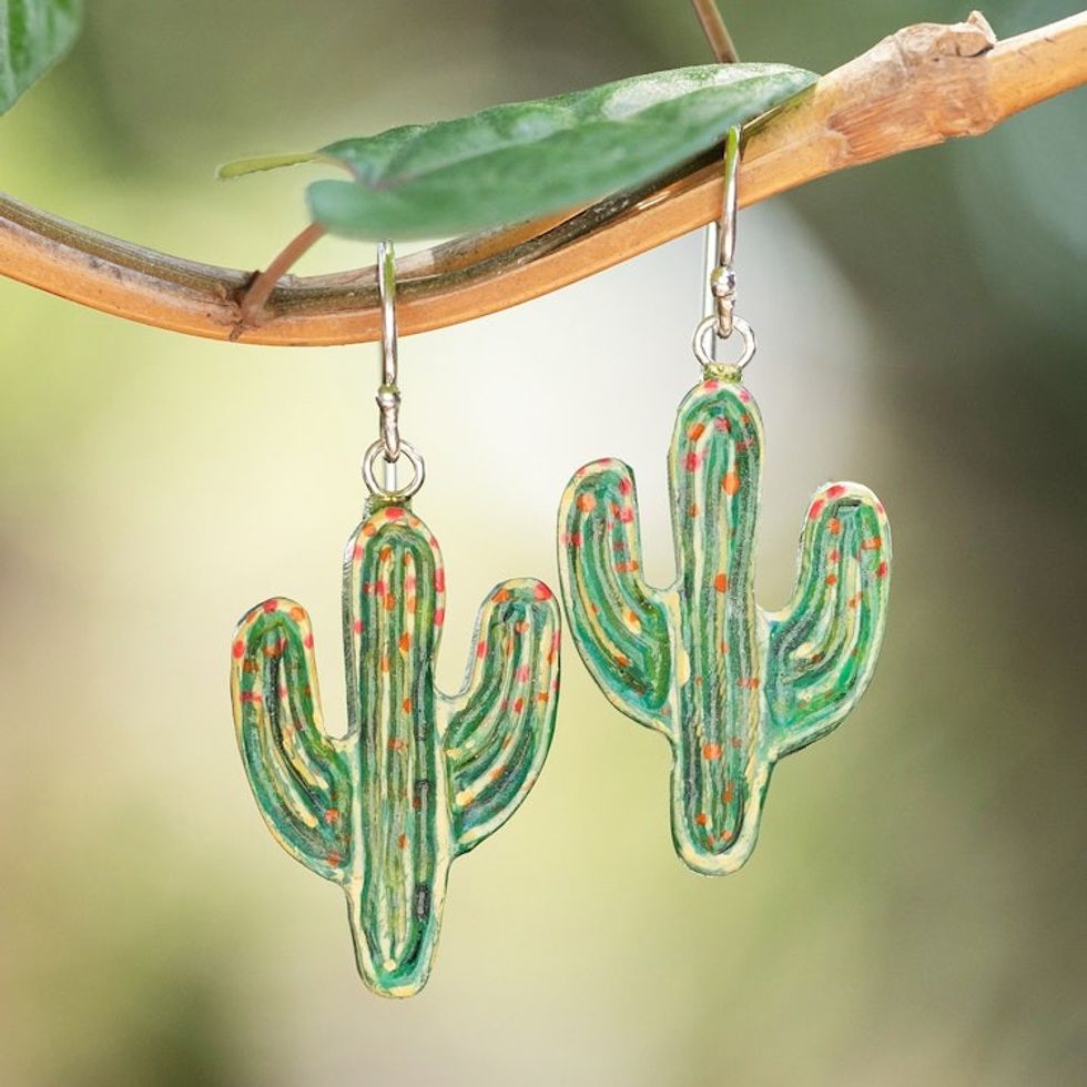 Hand-Painted Cactus-Themed Dangle Earrings Crafted in Bali 'Cactus Coquette'